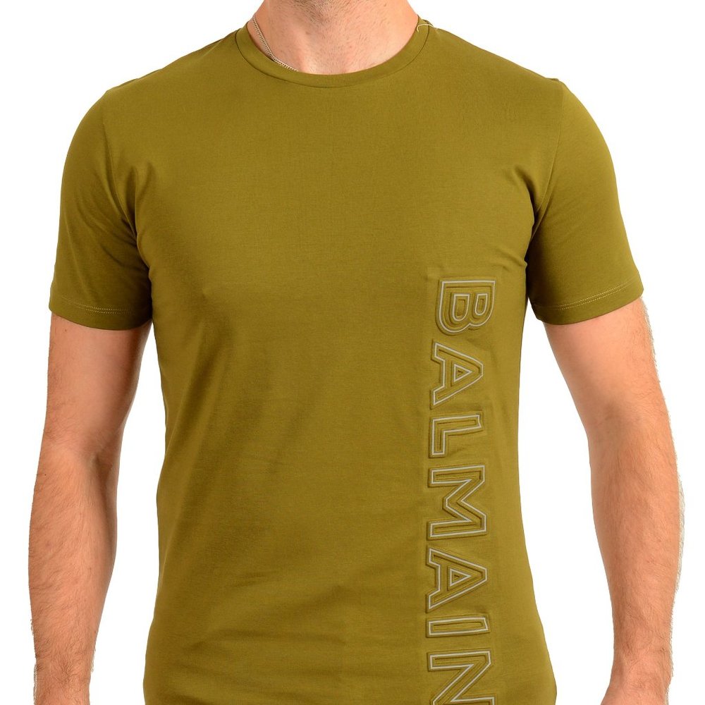 Balmain Men's Khaki Embossed Balmain Logo Crewneck Short Sleeve T-Shirt